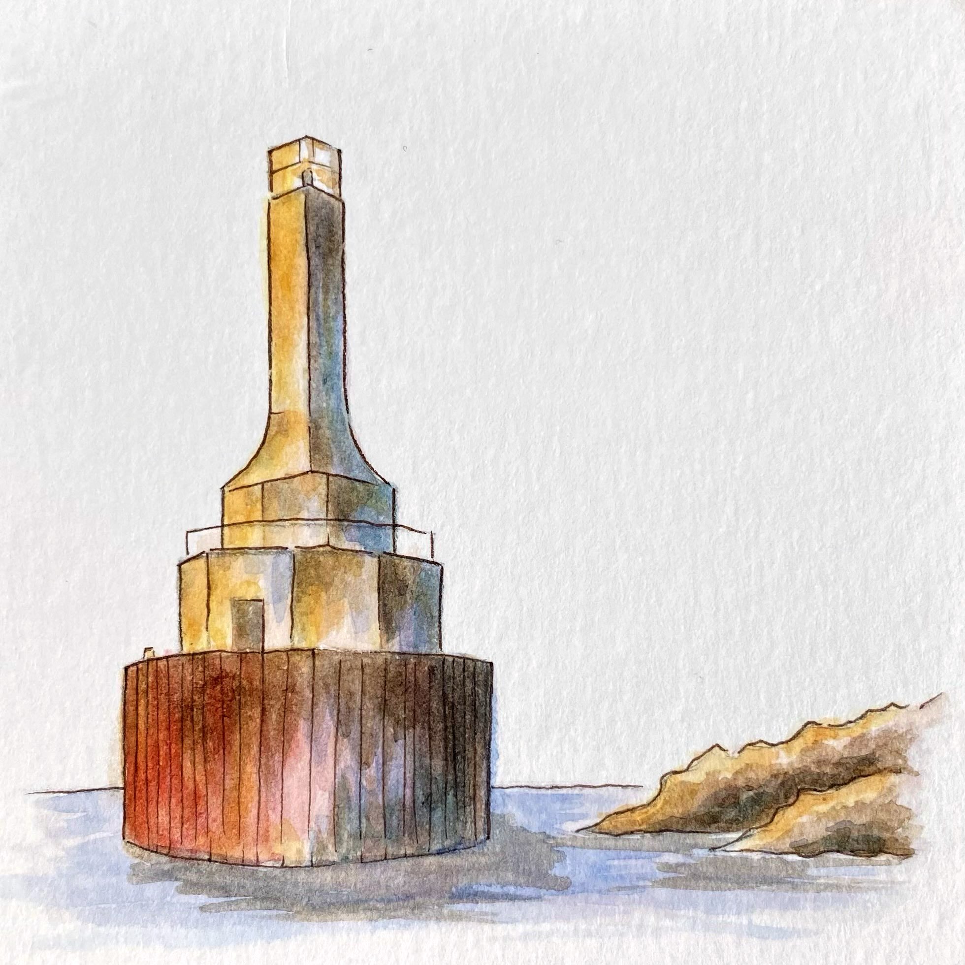 A watercolor painting of Copper Harbor Light, in Copper Harbor, MI. The rust and gold-colored light, beige rocky shore, and light blue water are outlined in ink and colored with watercolor paint.