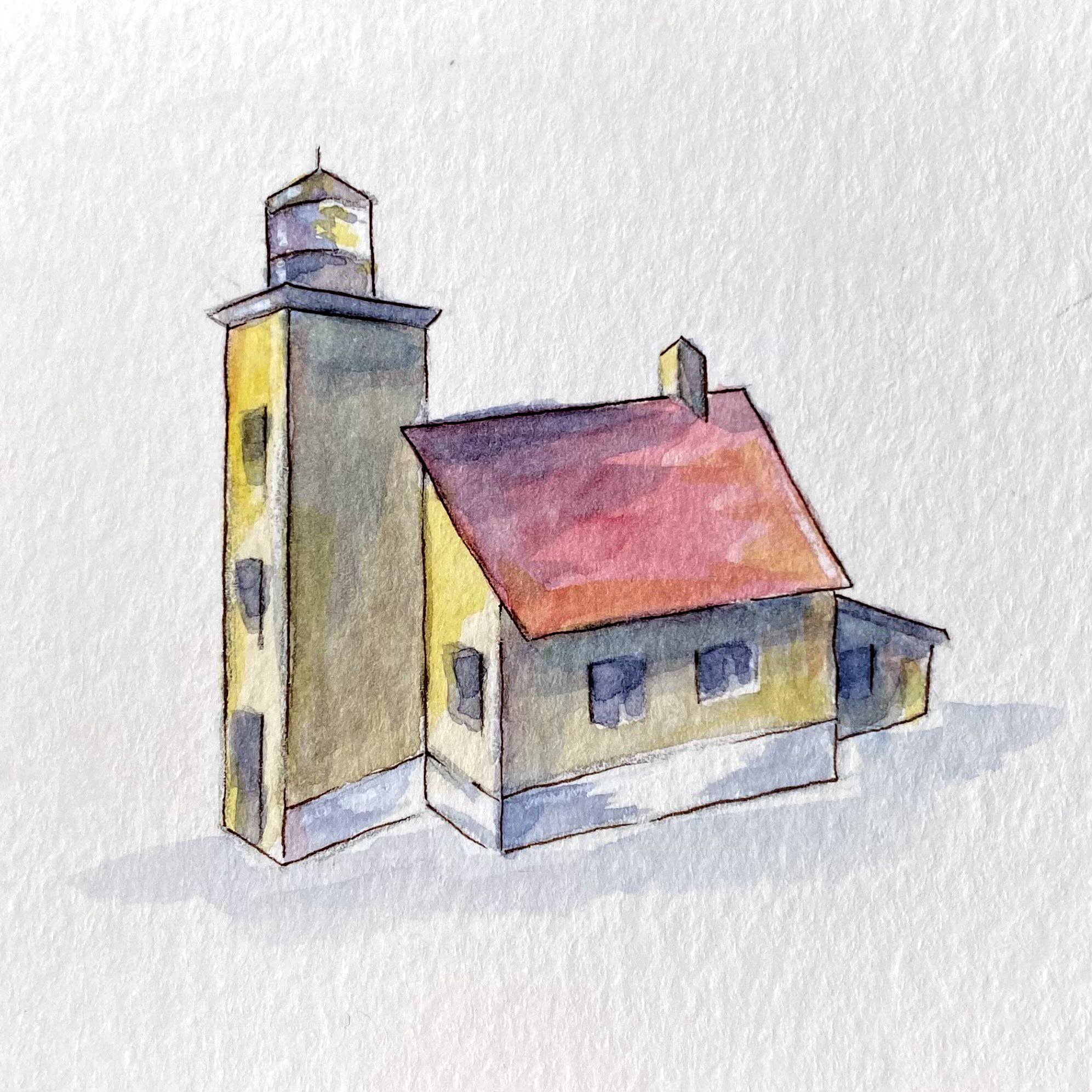 A watercolor painting of North Entry Lighthouse at McLain's State Park in Michigan The lighthouse has a single ochre tower and A frame living quarters with a red roof and chimney. The elements are outlined in ink and colored with watercolor paint.